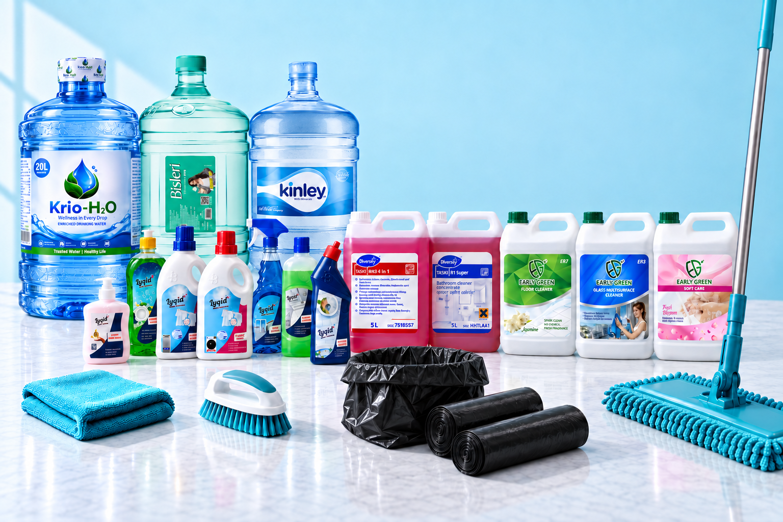 Krio-H₂O, Bisleri and Kinley water cans with LYQID, Diversey TASKI and Early Green cleaning products, bin liners, a mop, brush and cloths in one display