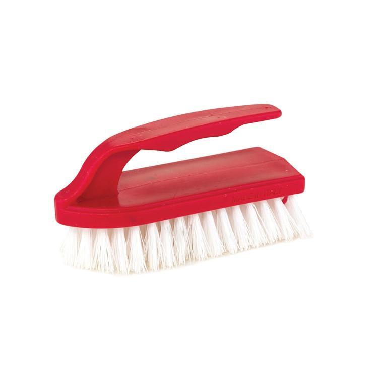 Red handheld scrubbing brush with white bristles