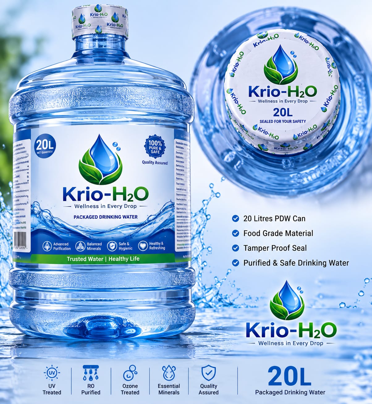 Krio-H₂O 20 litre water can with branded label and sealed cap